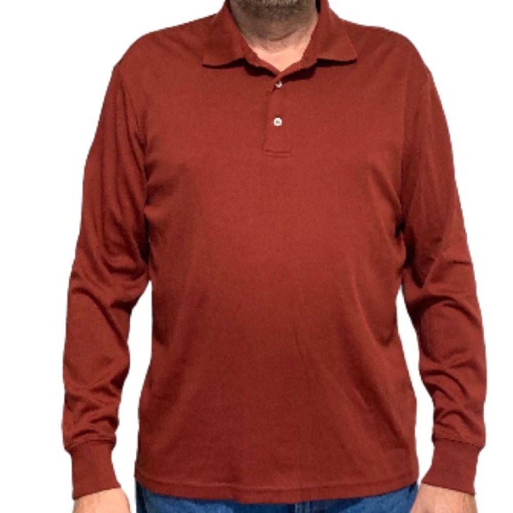 LANDS END Traditional Fit Long Sleeve Polo Shirt Burnt Orange Mens Large